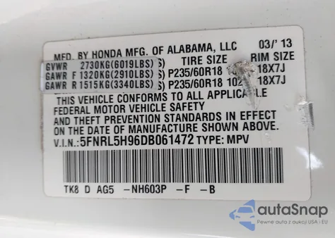 2013 Honda Odyssey Touring/Touring Elite из США, поврежденный, VIN 5FNRL5H96DB061472